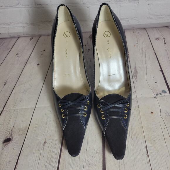 St. John Vero Cuoio Heels Pointed Toe Womens 8.5B Navy Laces Suede Bow Leather - Picture 2 of 8